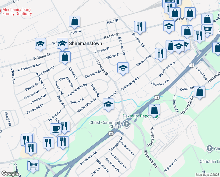 map of restaurants, bars, coffee shops, grocery stores, and more near 116 Cumberland Drive in Camp Hill