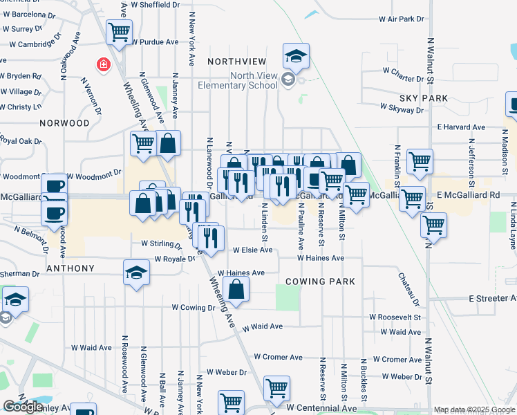 map of restaurants, bars, coffee shops, grocery stores, and more near 3110 North Locust Street in Muncie