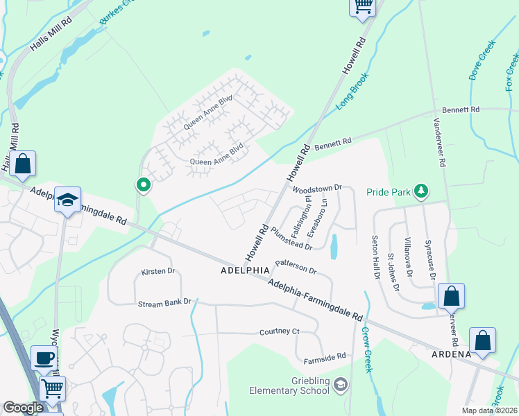 map of restaurants, bars, coffee shops, grocery stores, and more near 150 Howell Road in Freehold