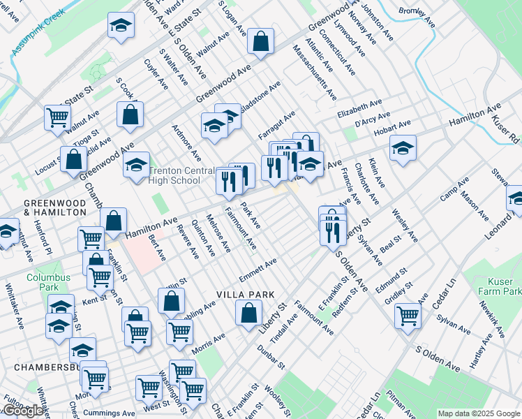 map of restaurants, bars, coffee shops, grocery stores, and more near 870 Park Avenue in Trenton
