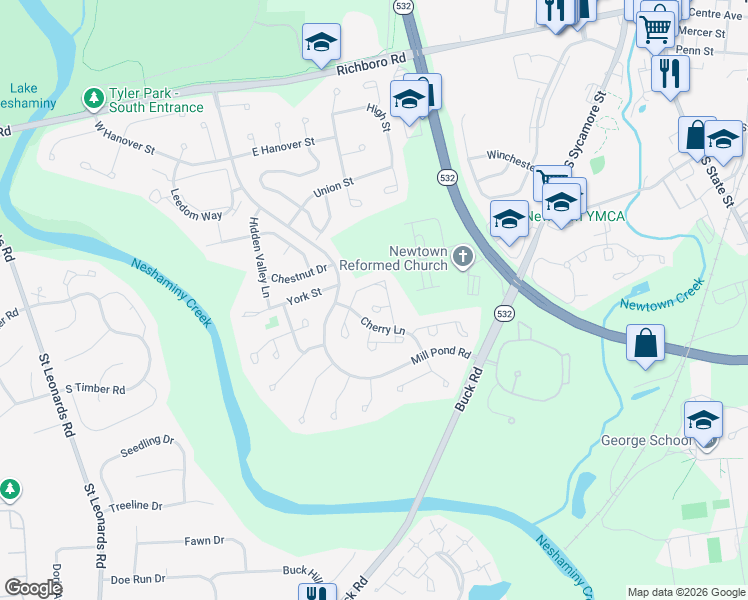 map of restaurants, bars, coffee shops, grocery stores, and more near 87 Fair Oaks Court in Newtown