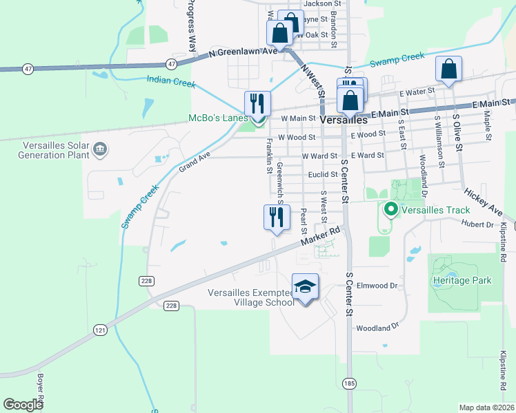 map of restaurants, bars, coffee shops, grocery stores, and more near 533 South Franklin Street in Versailles
