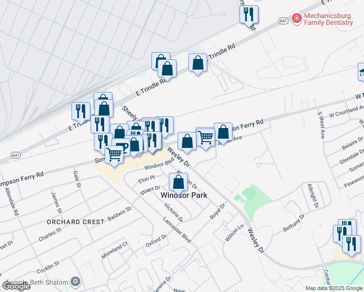 map of restaurants, bars, coffee shops, grocery stores, and more near Simpson Ferry Road in Mechanicsburg