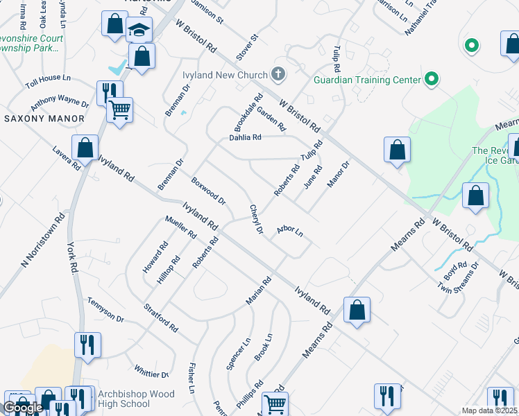 map of restaurants, bars, coffee shops, grocery stores, and more near 723 Cheryl Drive in Warminster