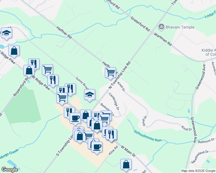 map of restaurants, bars, coffee shops, grocery stores, and more near 55 North Township Line Road in Royersford