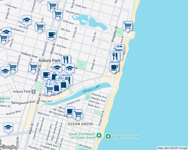map of restaurants, bars, coffee shops, grocery stores, and more near 106 Cookman Avenue in Asbury Park