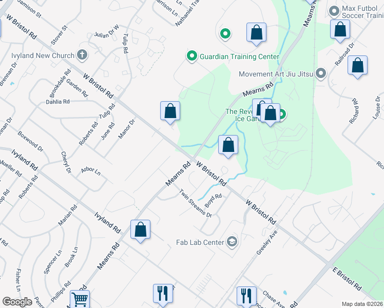 map of restaurants, bars, coffee shops, grocery stores, and more near 1310 Mearns Road in Warminster