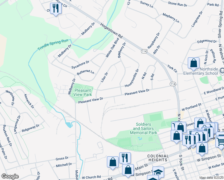 map of restaurants, bars, coffee shops, grocery stores, and more near 73 Honeysuckle Drive in Mechanicsburg