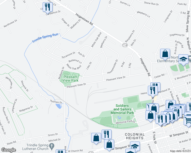 map of restaurants, bars, coffee shops, grocery stores, and more near 73 Honeysuckle Drive in Mechanicsburg