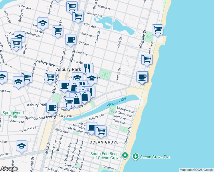 map of restaurants, bars, coffee shops, grocery stores, and more near 319 Cookman Avenue in Asbury Park