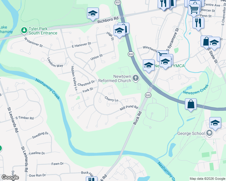 map of restaurants, bars, coffee shops, grocery stores, and more near 37 Fair Oaks Court in Newtown