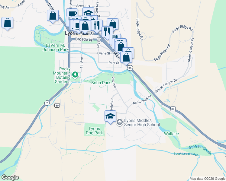 map of restaurants, bars, coffee shops, grocery stores, and more near 191 2nd Avenue in Lyons