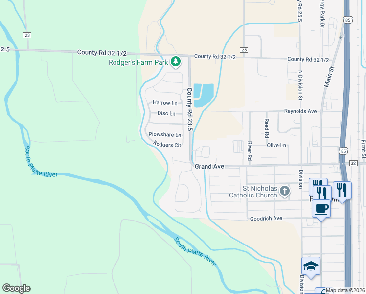 map of restaurants, bars, coffee shops, grocery stores, and more near 713 Rodgers Circle in Platteville