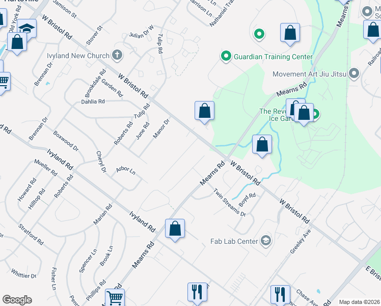 map of restaurants, bars, coffee shops, grocery stores, and more near 1249 Laurel Avenue in Warminster