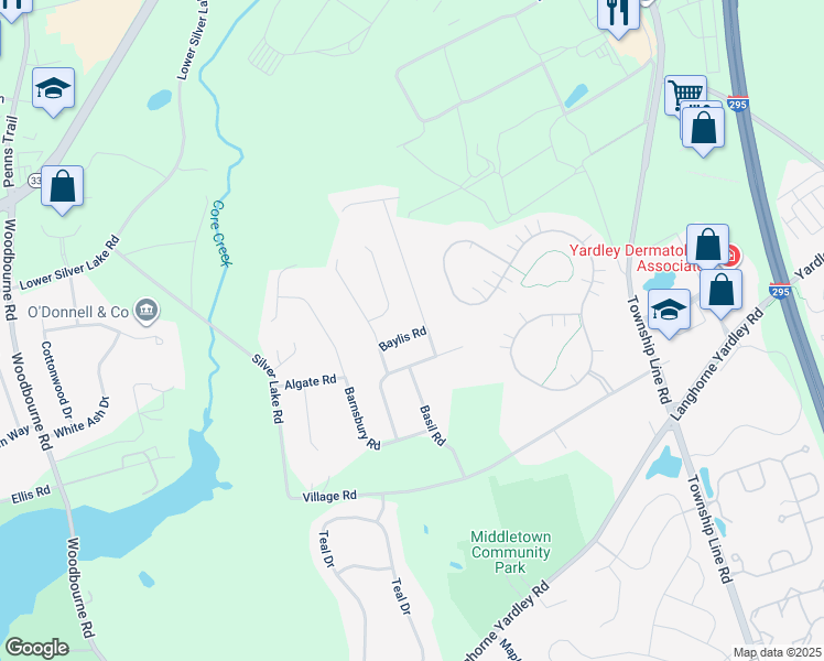 map of restaurants, bars, coffee shops, grocery stores, and more near 127 Baylis Road in Langhorne