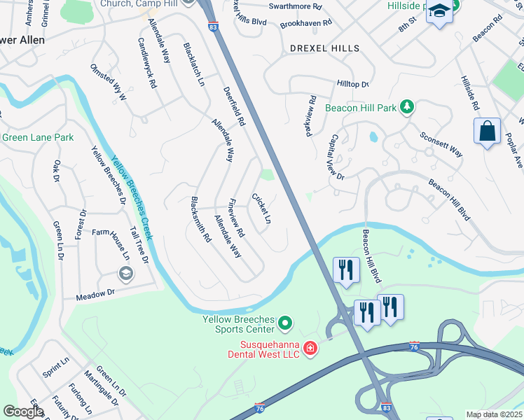 map of restaurants, bars, coffee shops, grocery stores, and more near 144 Cricket Lane in Camp Hill