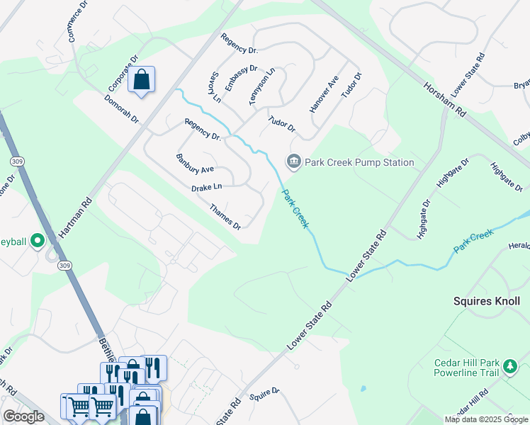 map of restaurants, bars, coffee shops, grocery stores, and more near 132 Thames Drive in North Wales