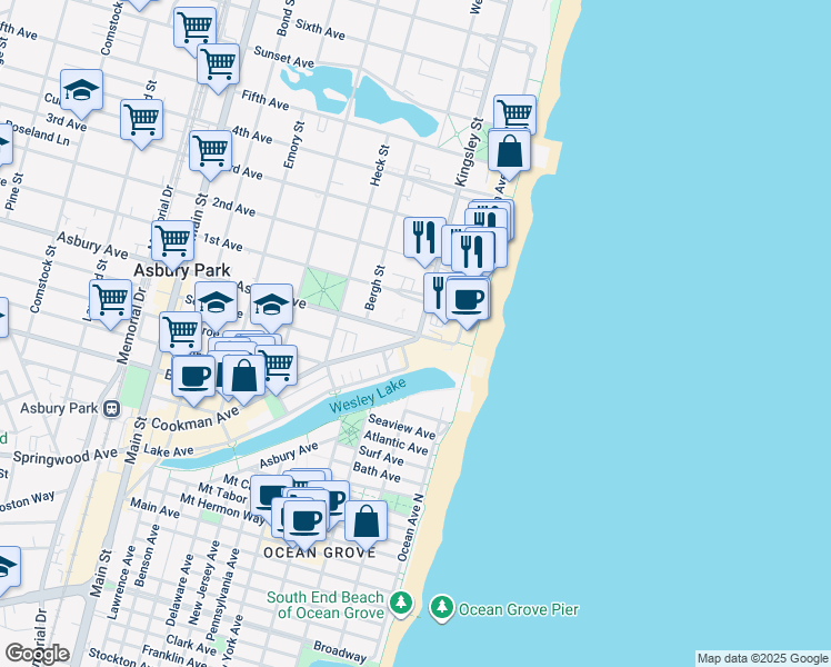 map of restaurants, bars, coffee shops, grocery stores, and more near 100 Asbury Avenue in Asbury Park