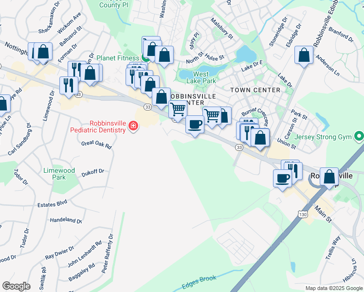 map of restaurants, bars, coffee shops, grocery stores, and more near 1009 Lake Drive in Trenton