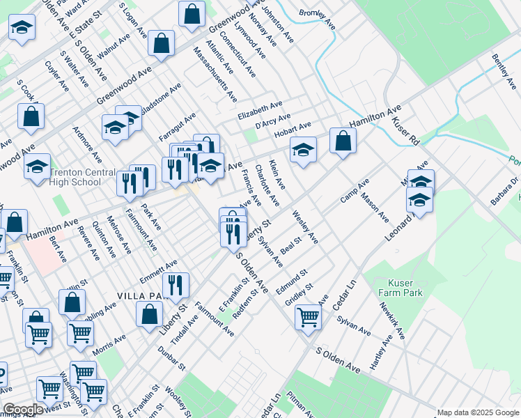 map of restaurants, bars, coffee shops, grocery stores, and more near 134 Moffatt Avenue in Trenton