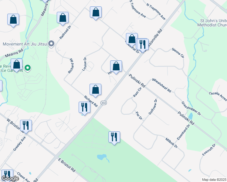 map of restaurants, bars, coffee shops, grocery stores, and more near 250 Pennsylvania 332 in Warminster