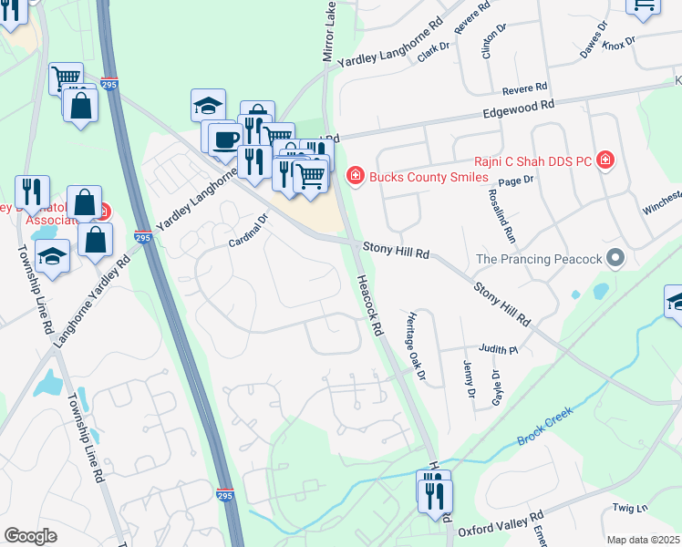 map of restaurants, bars, coffee shops, grocery stores, and more near 671A Rose Hollow Drive in Yardley