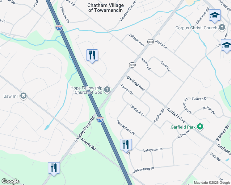 map of restaurants, bars, coffee shops, grocery stores, and more near 1939 South Valley Forge Road in Lansdale