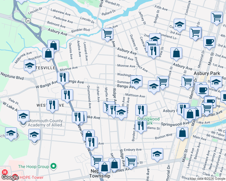 map of restaurants, bars, coffee shops, grocery stores, and more near 157 Ridge Avenue in Asbury Park