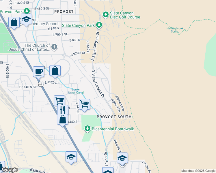 map of restaurants, bars, coffee shops, grocery stores, and more near 1166 Canyon Meadow Drive in Provo