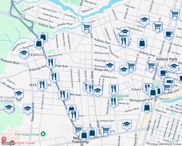map of restaurants, bars, coffee shops, grocery stores, and more near 157 Ridge Avenue in Asbury Park