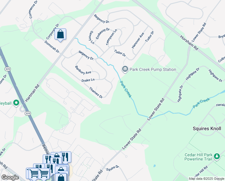 map of restaurants, bars, coffee shops, grocery stores, and more near 132 Thames Drive in North Wales