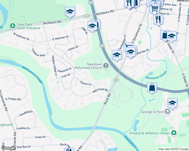 map of restaurants, bars, coffee shops, grocery stores, and more near 104 Cornell Road in Newtown
