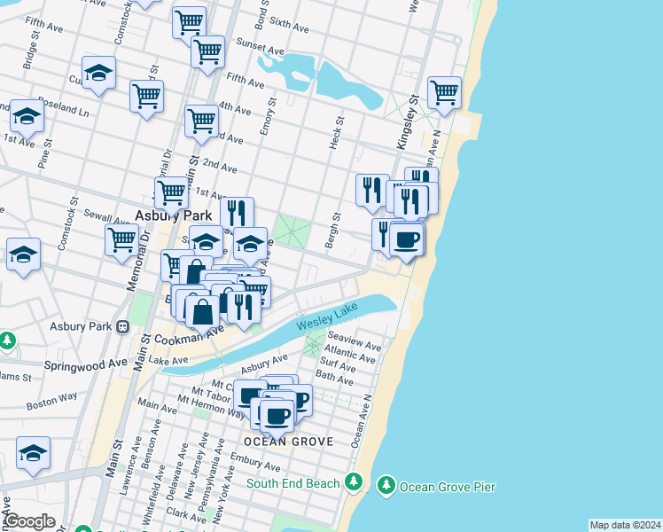 map of restaurants, bars, coffee shops, grocery stores, and more near 106 Cookman Avenue in Asbury Park