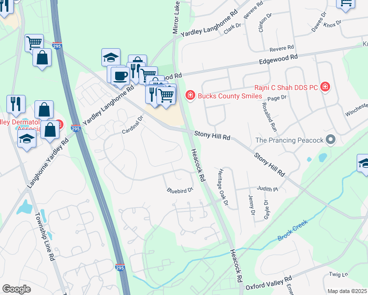 map of restaurants, bars, coffee shops, grocery stores, and more near 671A Rose Hollow Drive in Yardley