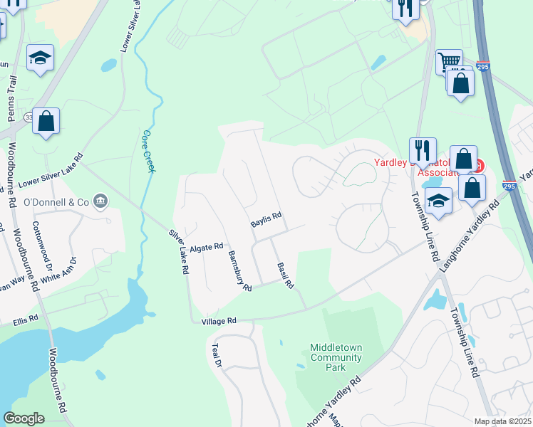 map of restaurants, bars, coffee shops, grocery stores, and more near 115 Baylis Road in Langhorne