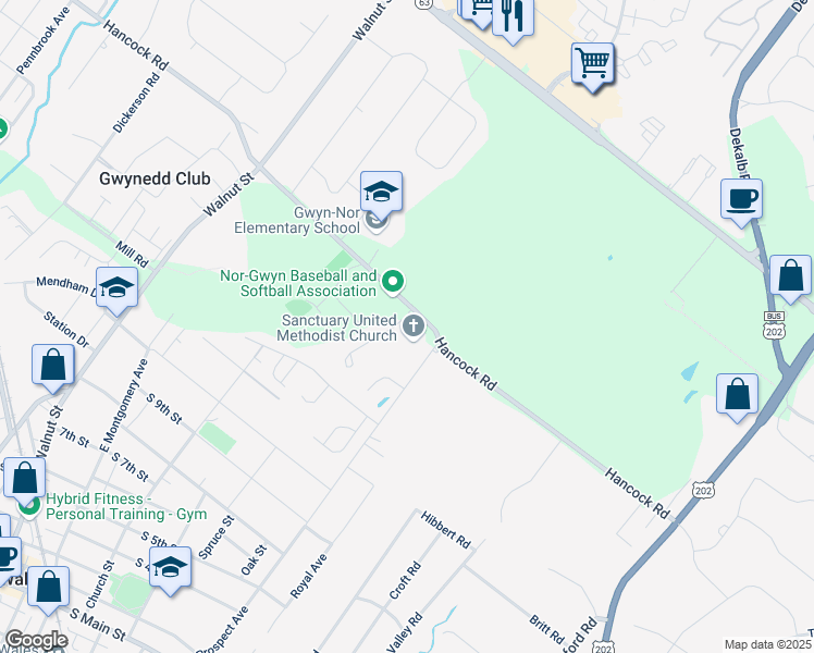 map of restaurants, bars, coffee shops, grocery stores, and more near 469 Sanctuary Court in North Wales