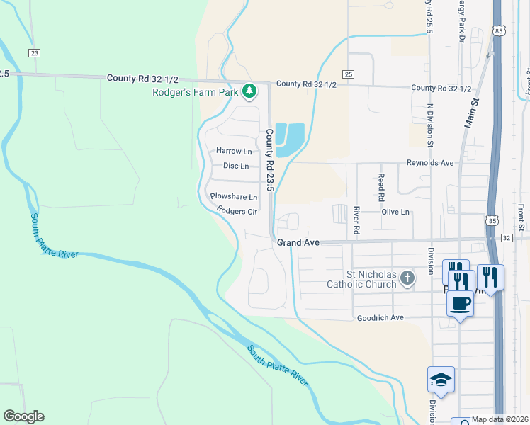 map of restaurants, bars, coffee shops, grocery stores, and more near 713 Rodgers Circle in Platteville