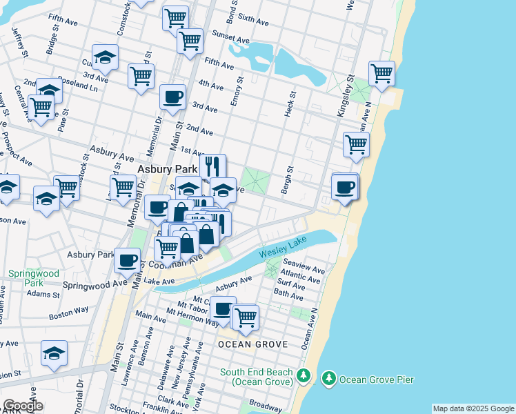 map of restaurants, bars, coffee shops, grocery stores, and more near 401 Sewall Avenue in Asbury Park