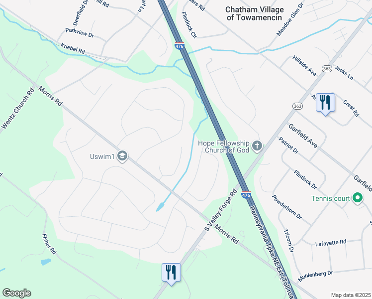 map of restaurants, bars, coffee shops, grocery stores, and more near 2015 Creek Way in Lansdale