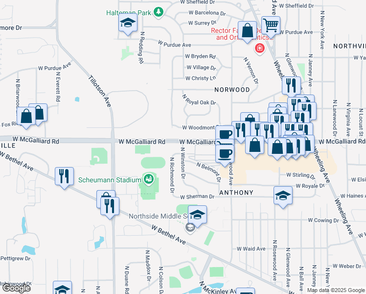 map of restaurants, bars, coffee shops, grocery stores, and more near 3174 North Winston Drive in Muncie