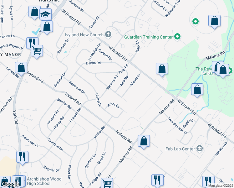 map of restaurants, bars, coffee shops, grocery stores, and more near 650 Violet Road in Warminster