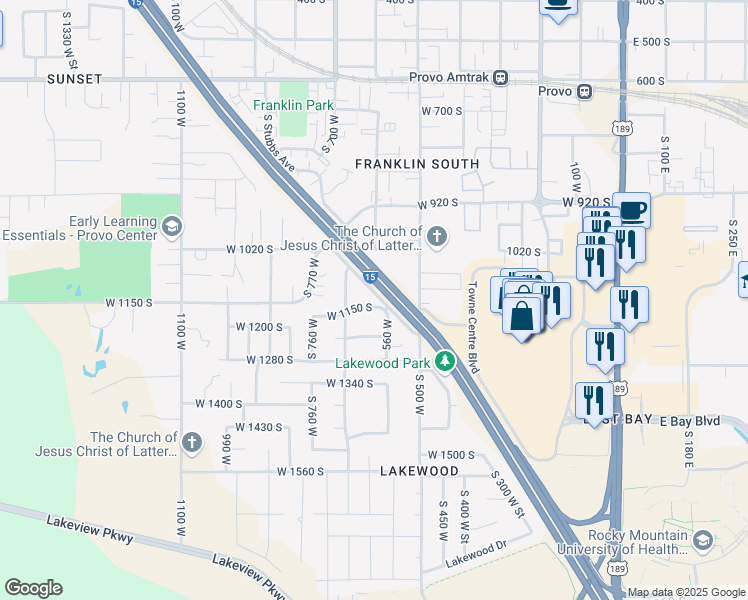 map of restaurants, bars, coffee shops, grocery stores, and more near 618 West 1150 South in Provo