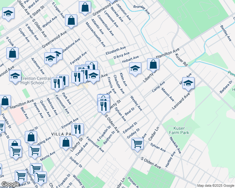 map of restaurants, bars, coffee shops, grocery stores, and more near 134 Moffatt Avenue in Trenton