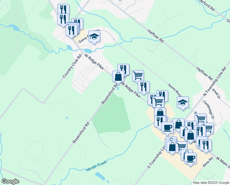 map of restaurants, bars, coffee shops, grocery stores, and more near 550-570 Royersford Road in Royersford