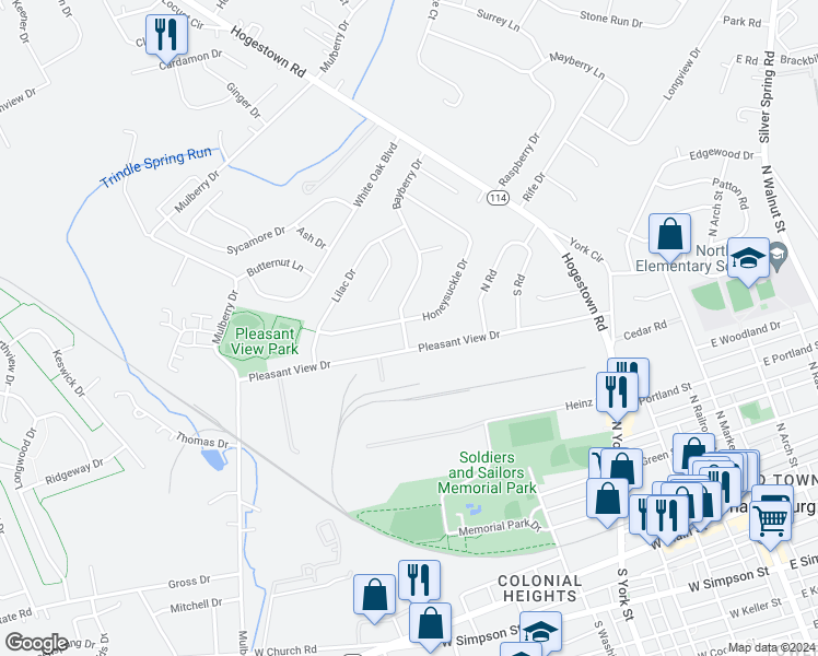 map of restaurants, bars, coffee shops, grocery stores, and more near 63 Honeysuckle Drive in Mechanicsburg