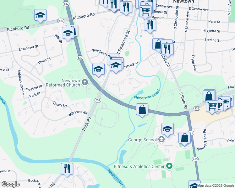 map of restaurants, bars, coffee shops, grocery stores, and more near 56 Heather Court in Newtown