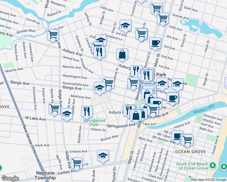 map of restaurants, bars, coffee shops, grocery stores, and more near 1033 Mattison Avenue in Asbury Park