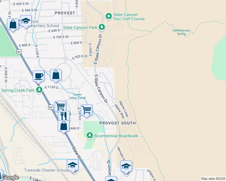 map of restaurants, bars, coffee shops, grocery stores, and more near 1197 Meadow Fork Road in Provo
