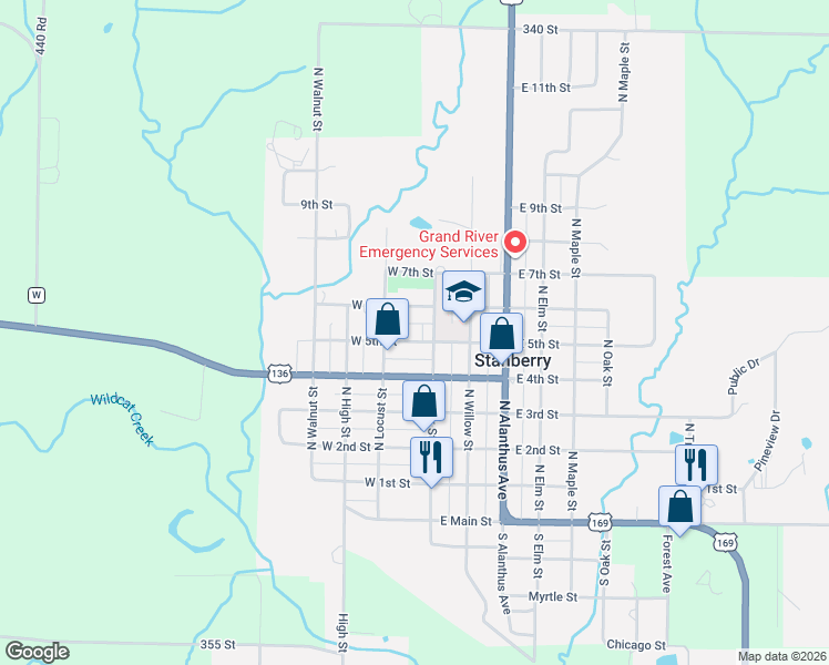 map of restaurants, bars, coffee shops, grocery stores, and more near E 2nd St in Stanberry