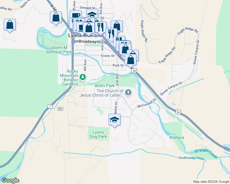map of restaurants, bars, coffee shops, grocery stores, and more near 206 Welch Drive in Lyons